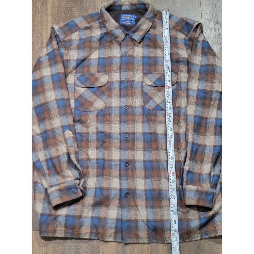 Pendleton Board Shirt Jac XXL Long Blue Brown Plaid Virgin Wool Button Up Shirt